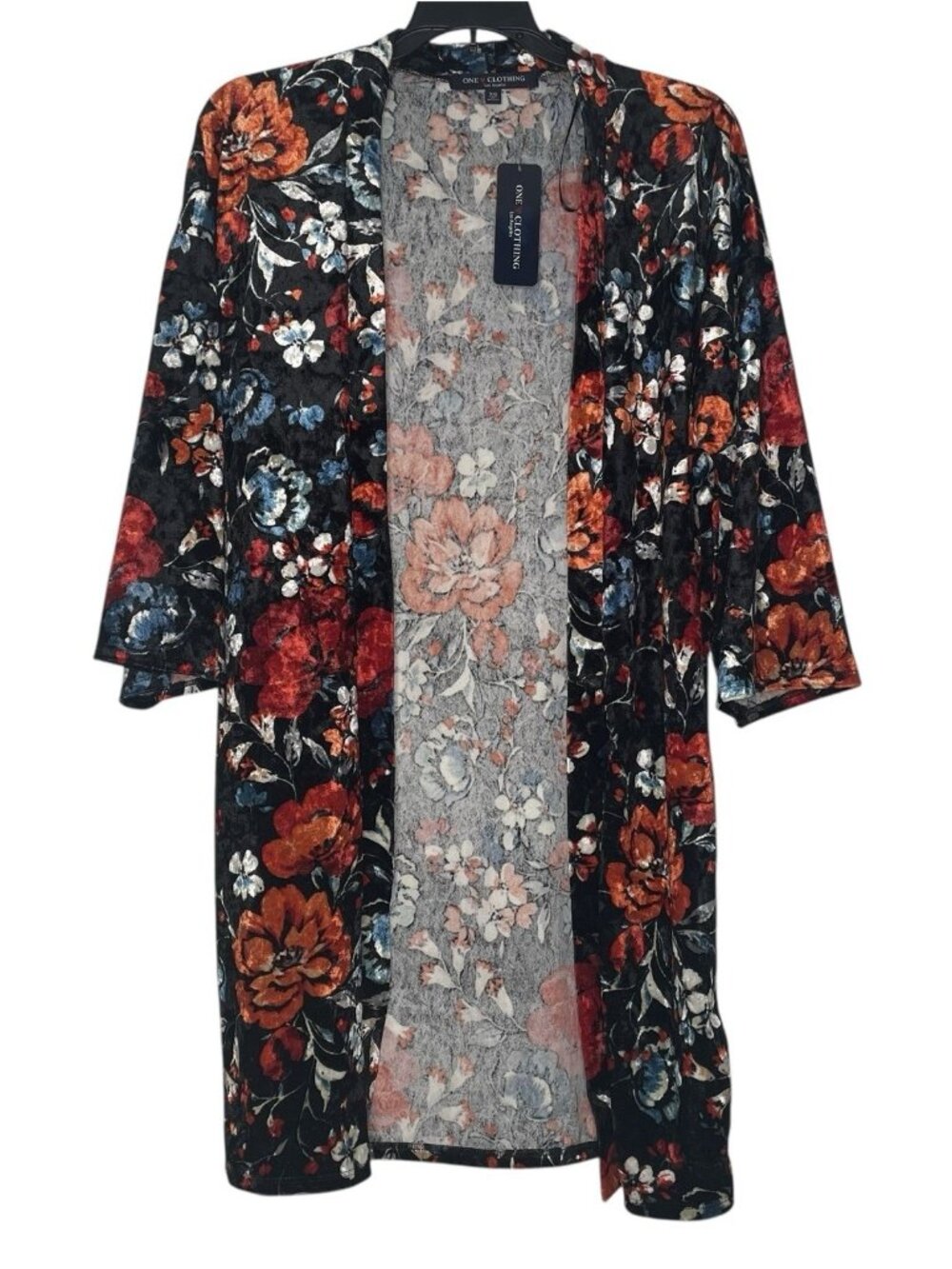 One Clothing Womens Duster Cardigan XS Floral Crushed Velvet 3/4 Sleeve NWT